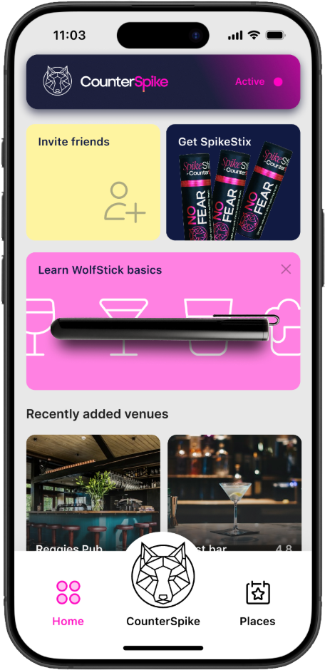 Phone screen displaying the CounterSpike app interface with various features and branding.