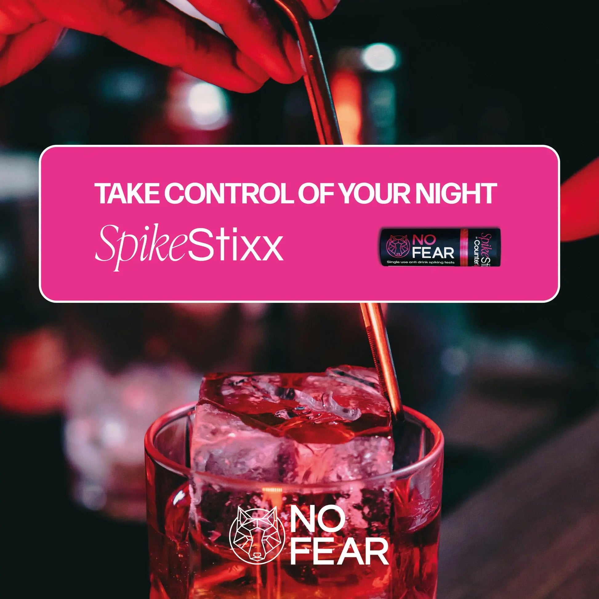 cocktail being poured with SpikeStixx promotional text overlay