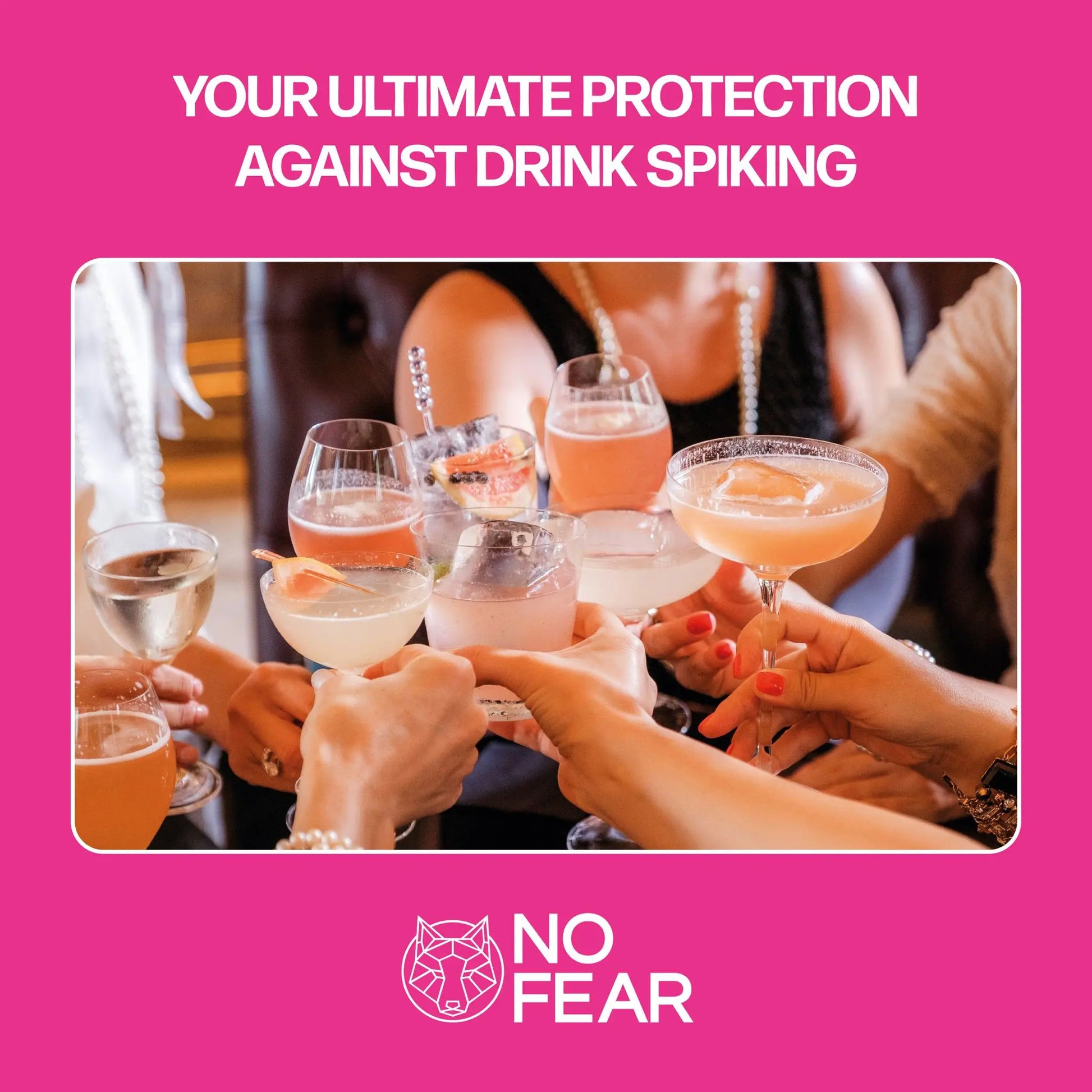 People toasting with drinks against a pink background with 'No Fear' branding.