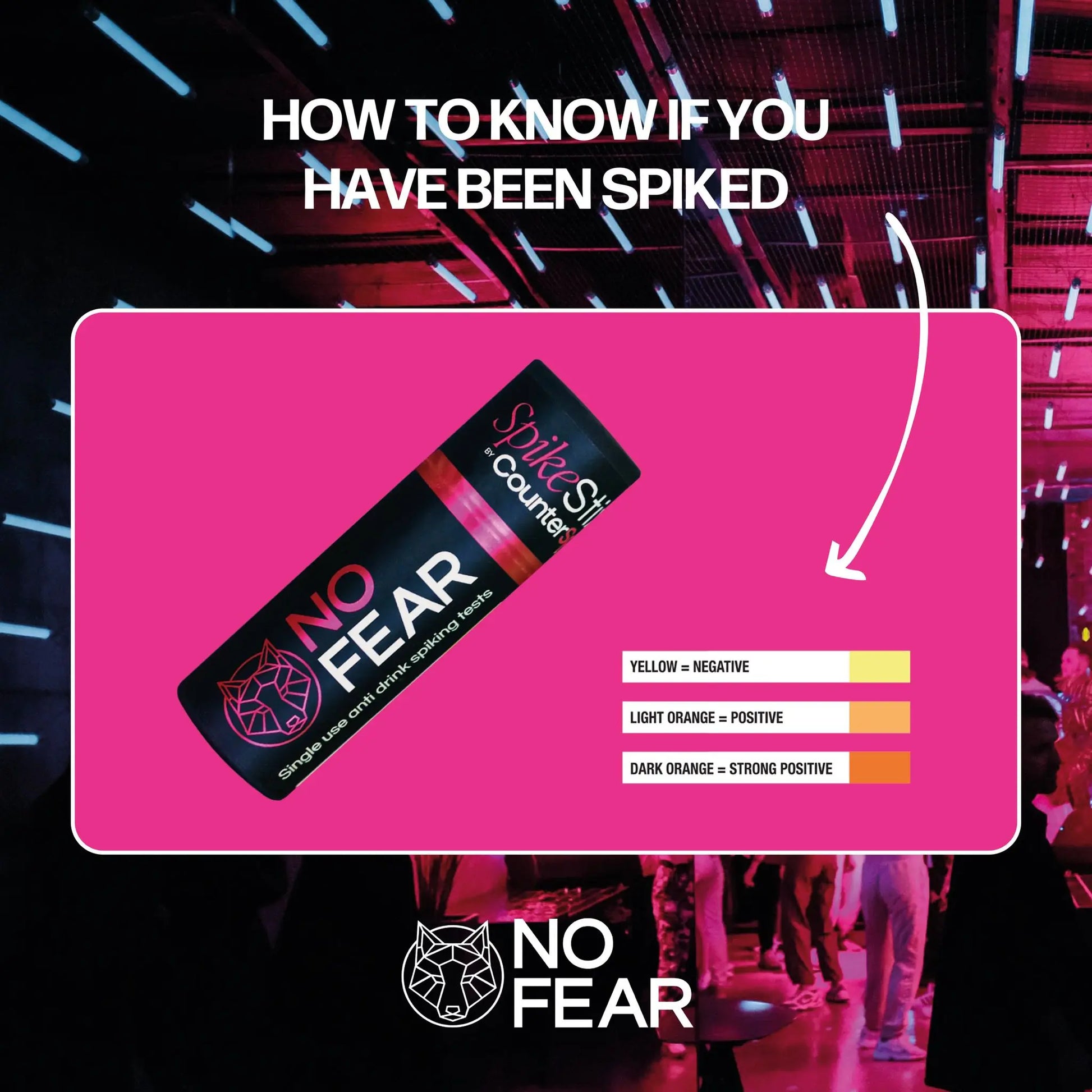 No Fear drug test kit on a pink background with text about spiking.